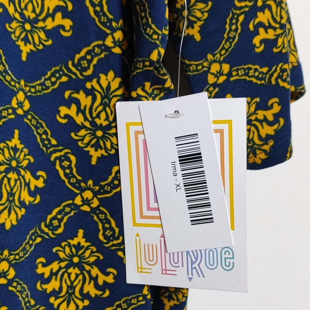 Lularoe Irma Elegant Blue and Yellow Patterned Women's Top - Picture 4 of 5